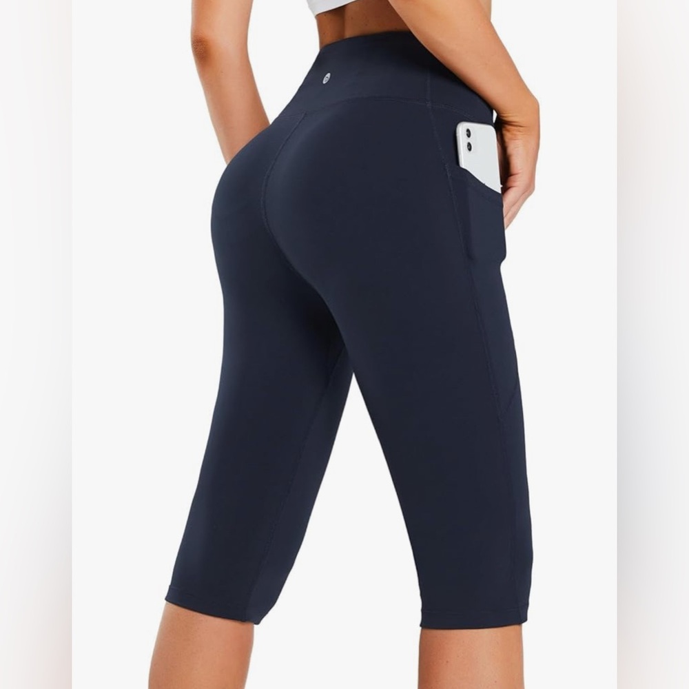 Baleaf Dark Blue Navy Capri Yoga Workout Exercise Gym Leggings with Pockets